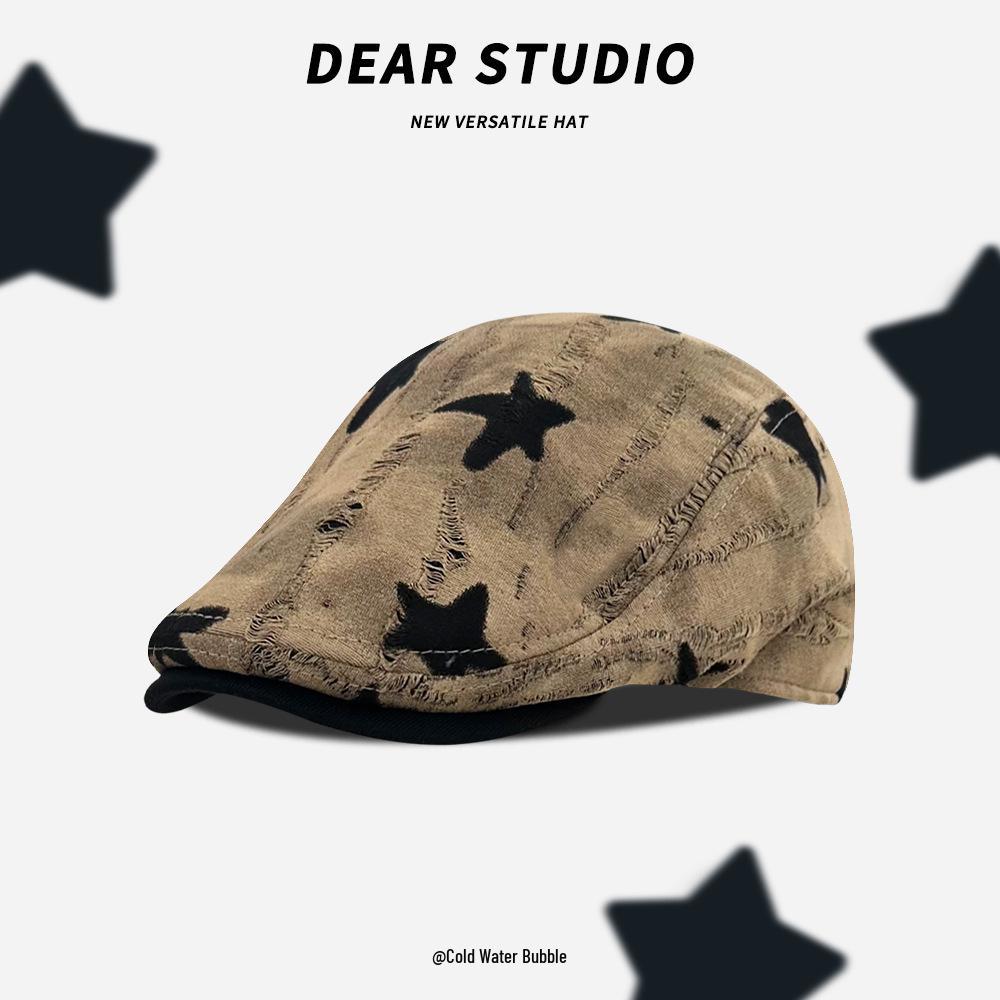 Korean Style Women's Versatile Distressed Star Newsboy Cap, Reversible Trendy Beret for Large Head Circumference