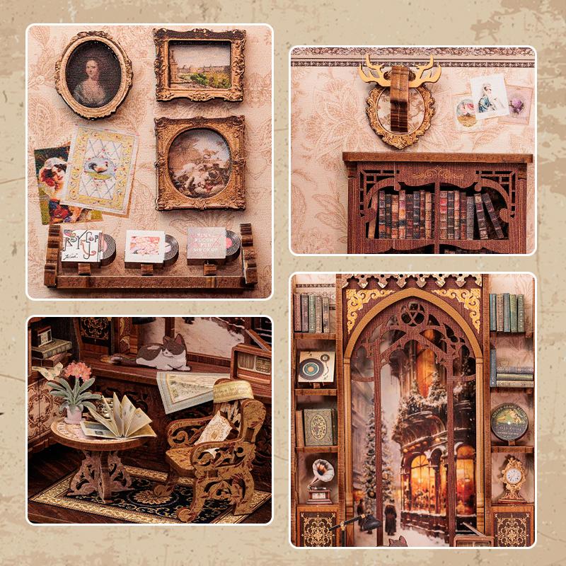 1PC DIY Book Nook Kit Miniature Wooden Dollhouse with Light Bookshelf Insert Decoration Model for Gifts Bookshop Memories