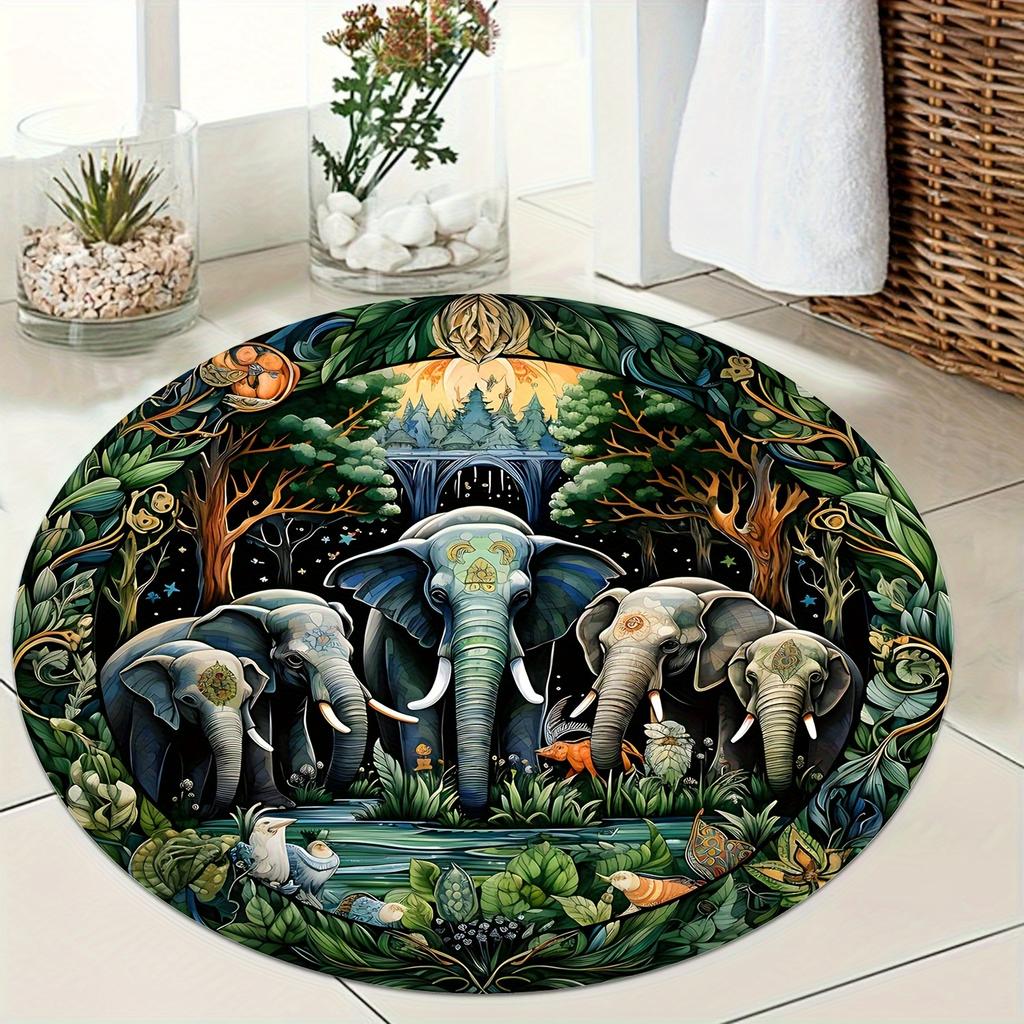 Crystal Velvet Carpet1pc Tropical Rainforest Elephants Mat - Non-Slip Jungle Mat with Elephant Herd, Rubber Backing Floor Mat Fo