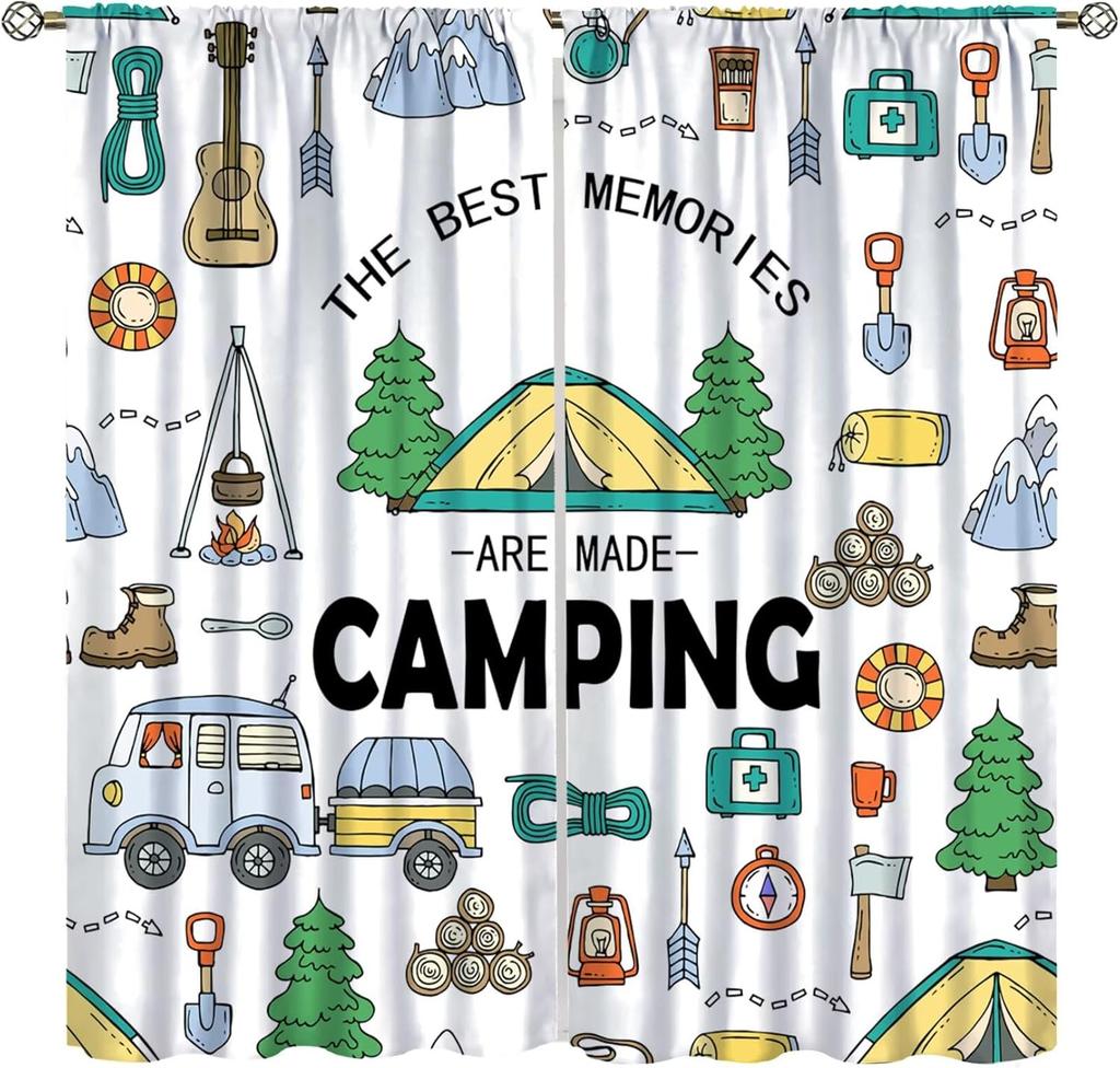 Retro Happy Camper Curta,Rustic Wood Plank Camping Travel Trailer Blackout Rod Pocket Window Curtain,For Boys Girls Living