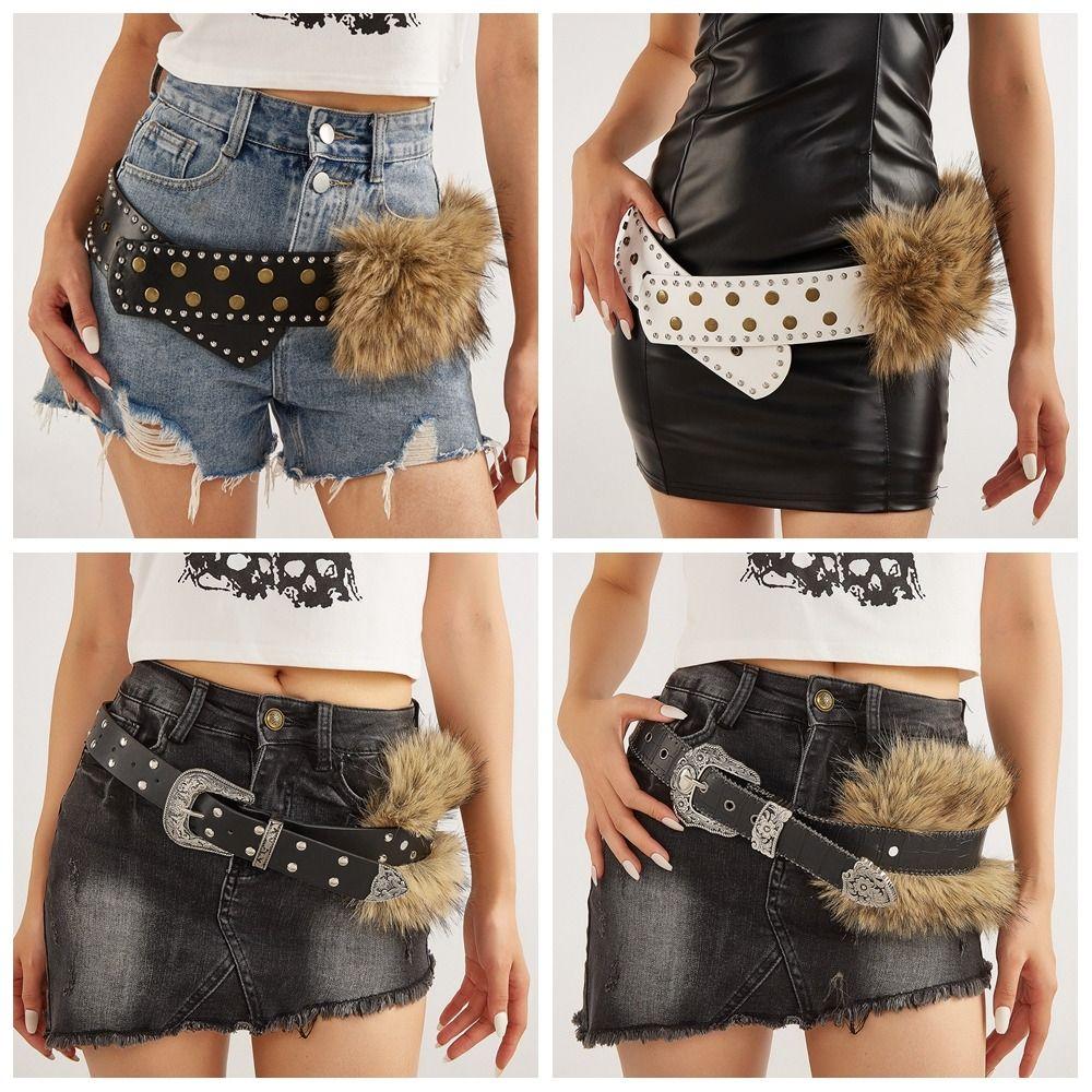 Wide Punk Style Belt Rivet Y2K Waistband Vintage Leather Fur Belt Pants Accessories