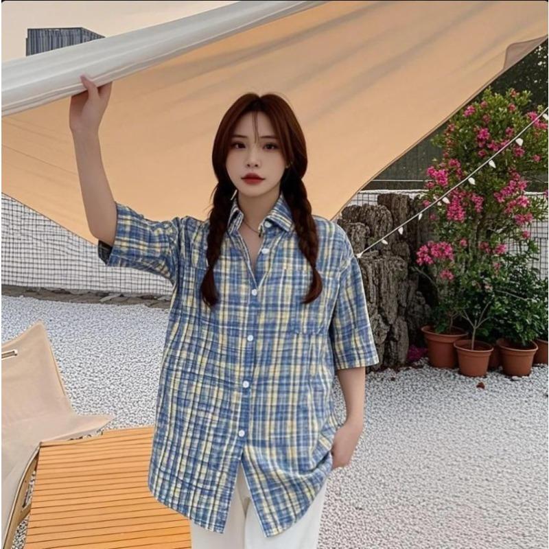 New Plaid Short Sleeved Shirt Japanese College Style Bloues Medium To Long, Sweet and Versatile Ladiese Shirts