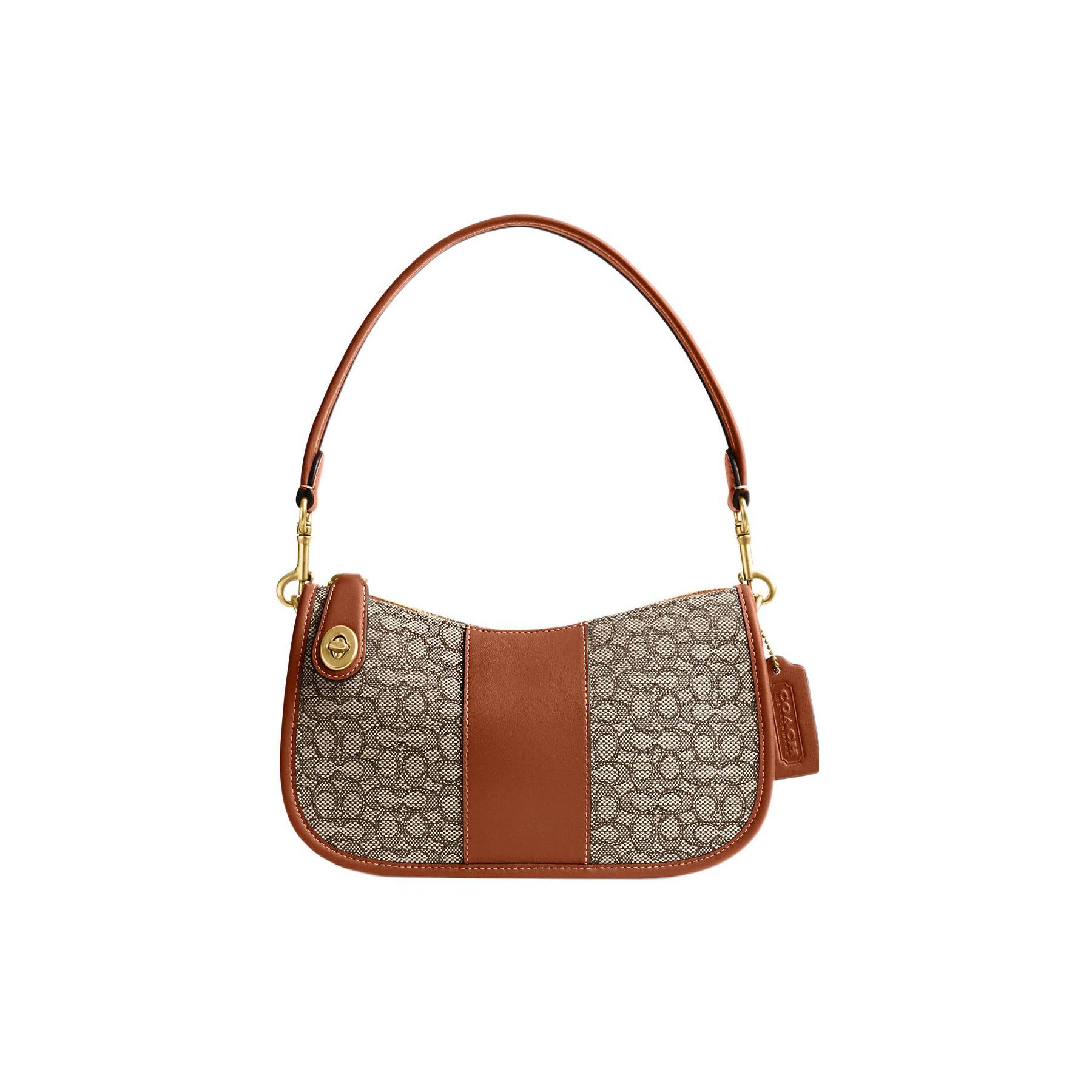 

Coach Swinger 23 Logo Plaque Classic Monogram Stripe Snap Zipper Closure Hardware Jacquard Leather Saddle Bag Women handbags Brown Gray CM559-B4TA7 Basic Set (Bag+Dust Bag)