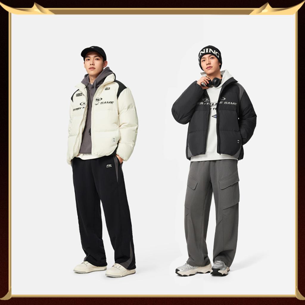 Li Ning Sports Lifestyle Series Warm 3D Loose Stand Collar Letter Printed Down Jacket Men Jacket AYMV257-3