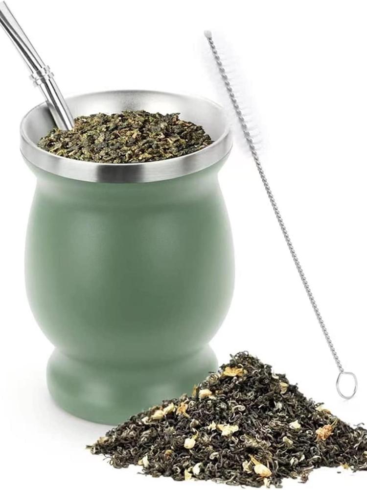 Stainless Steel Yerba Mate Cup 8oz Double Wall Yerba Mate Gourd with Spoon Straw Cleaning Brush for Home Office