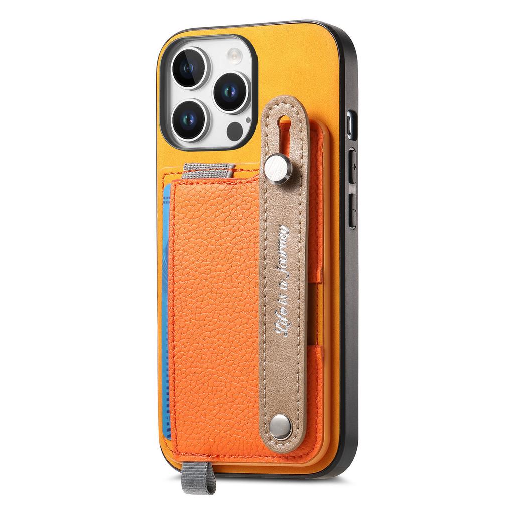 For iPhone 16 Pro Magnetic Leather Back Case with Detachable Card Holder and Wristband