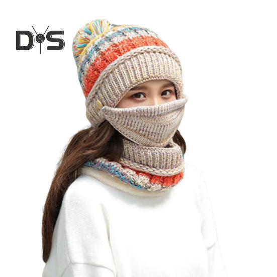3Pcs/Set Knitting Hat Scarf Set Thickened Plush Lining Furry Ball Decor Beanie Hat Neck Warmer Detachable Face Guard Set