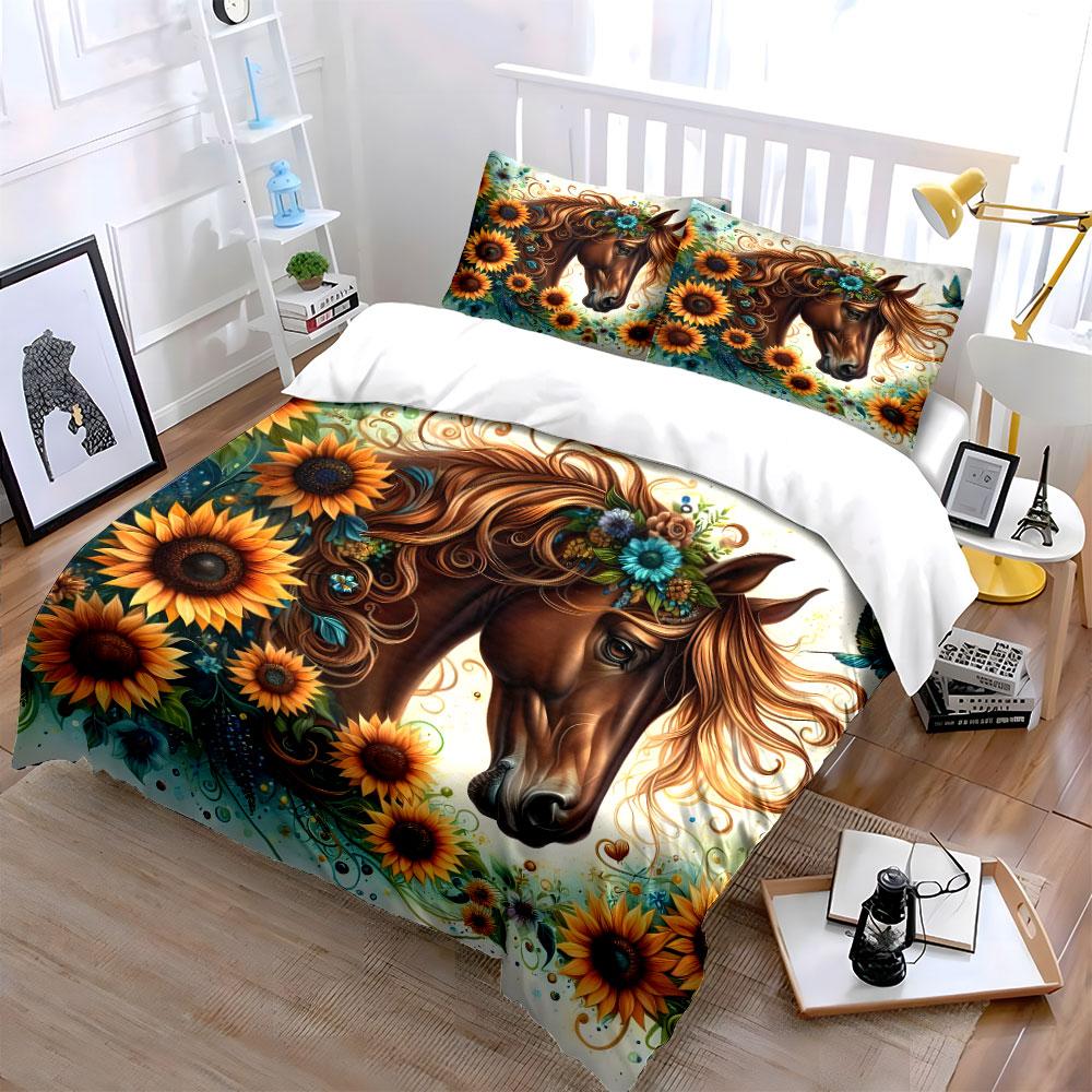Sunflower Horse Art Set Multiple Sizes Kid'S And Adults' Bedroom Exquisite 3Pc Bedding Set, Gift