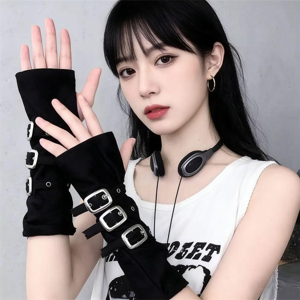 Black Punk Style Elbow Gloves Gothic Metal Button Gloves Cosplay Stage Performance