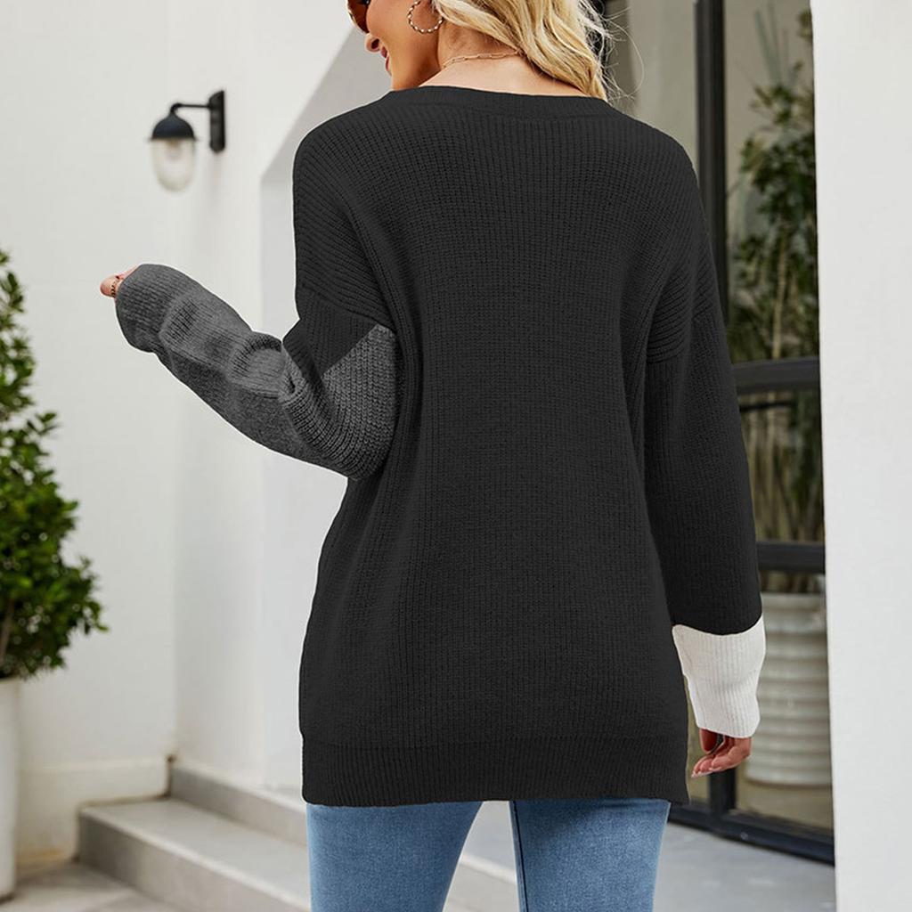 Women's  And Winter Knitting Fashion Color Block Patchwork Pullover Long Sleeve Sweater