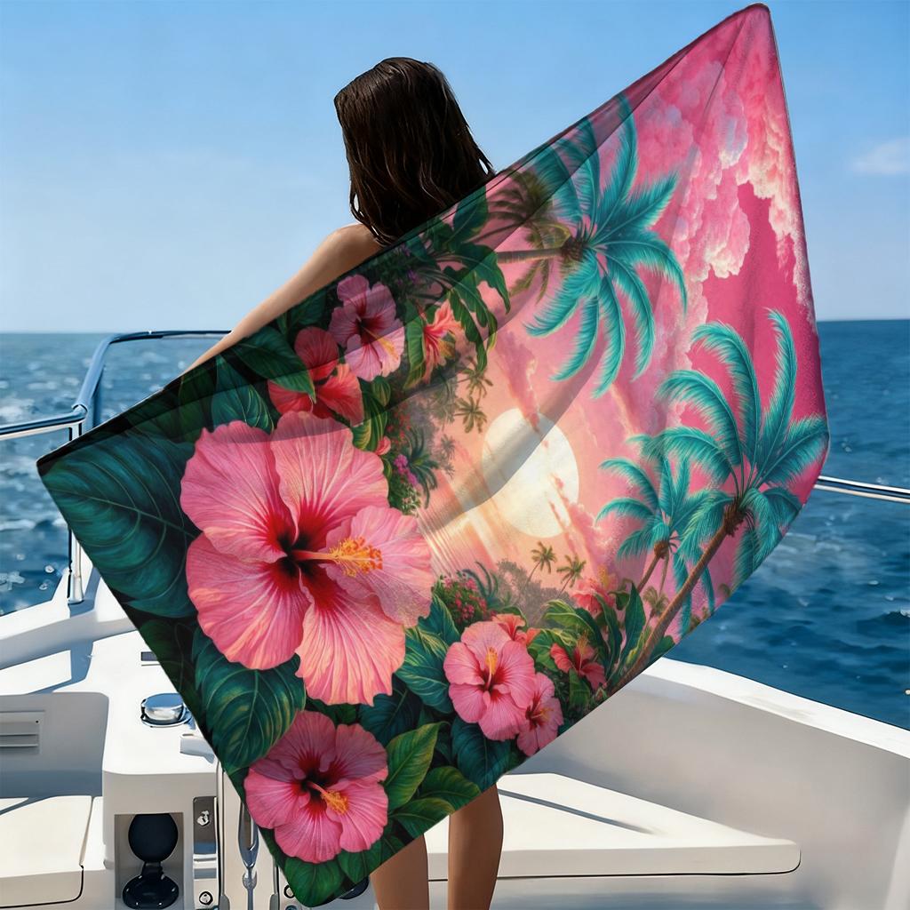 1 Stück Rosa Himmel Strand und Blumen Strandtuch Schnelltrocknend Super Saugfähig Geeignet für Strandurlaub Pool Sommergeschenk für Freunde