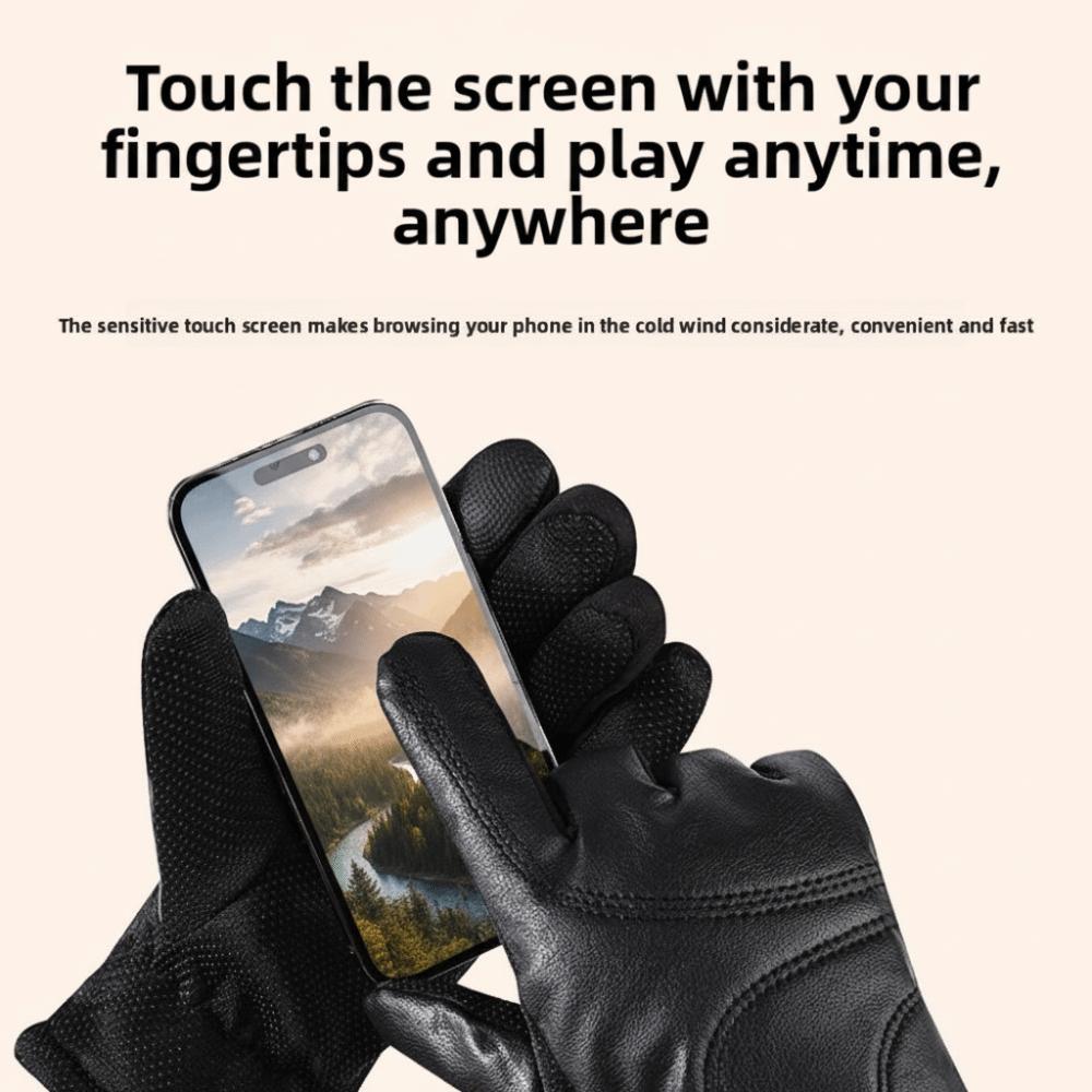 Multifunction Winter Ski Gloves Black Driving Gloves Gift Men Leather Mittens  Female