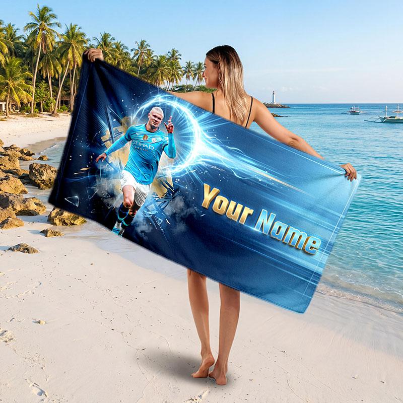 Asciugamano da Spiaggia Personalizzato Erling Haaland, Stampa Testo Nome Personalizzato, Asciugamano Morbido ad Asciugatura Rapida con Logo Calcio, Regalo per le Vacanze