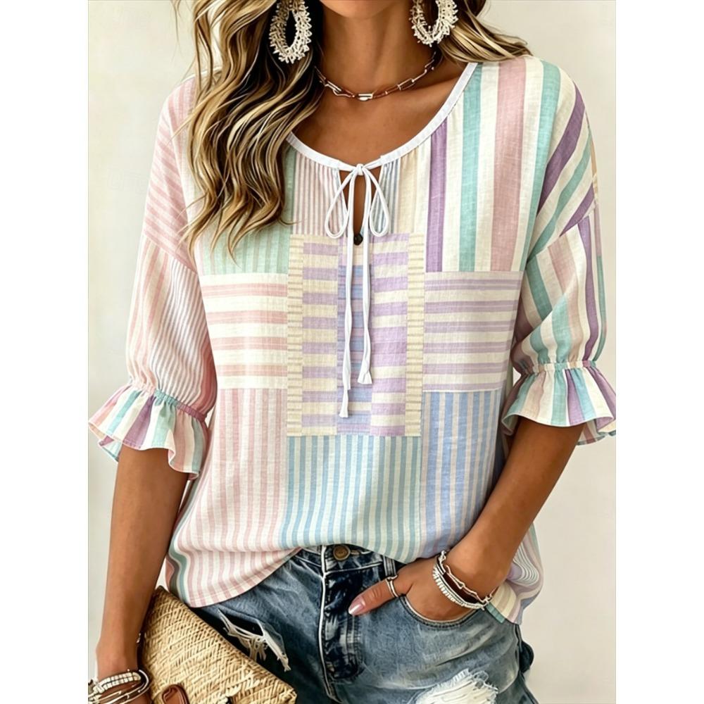 Women's Multicolor Patchwork Striped Print Tie Neck Blouse, Casual Loose Tops for Spring Summer Daily Wear & Vacation Occasions