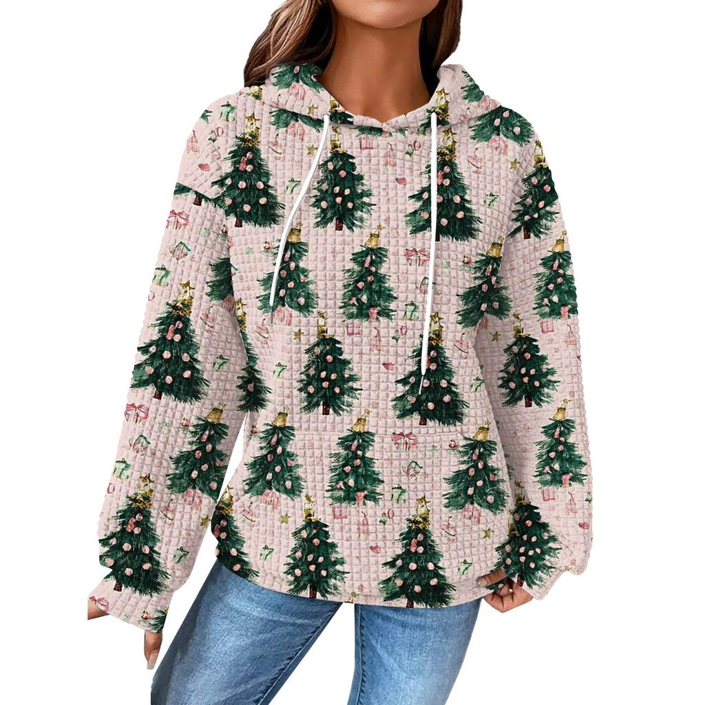 Dammode Lös Pullover med Huva Långärmad Rutig Sweatshirt med Dragsko, Nedhasad Axel, Ficka, Jultryck Topp