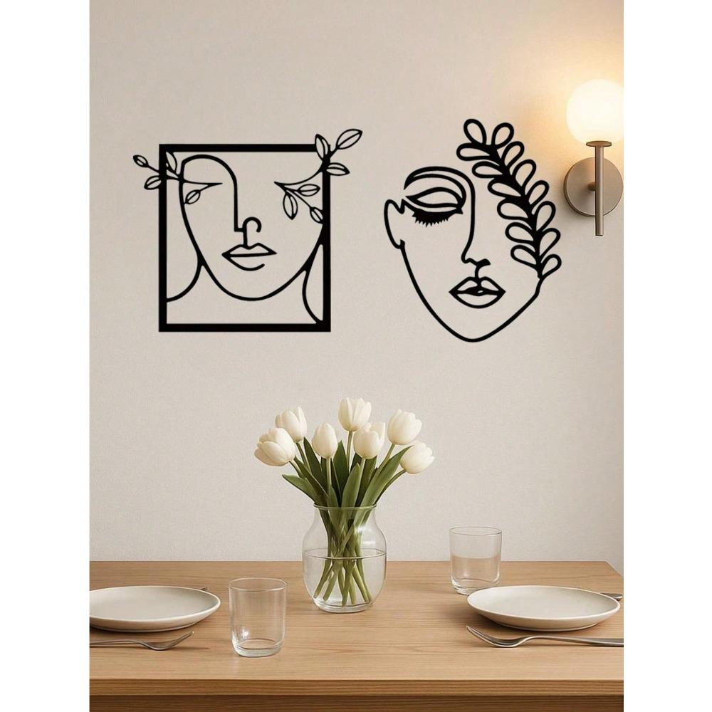 2pcs Modern Metal Wall Art Set, Woman Face & Leaf Design, Artistic Decor for Living Room Bedroom, Waterproof Rustproof Wall Hanging