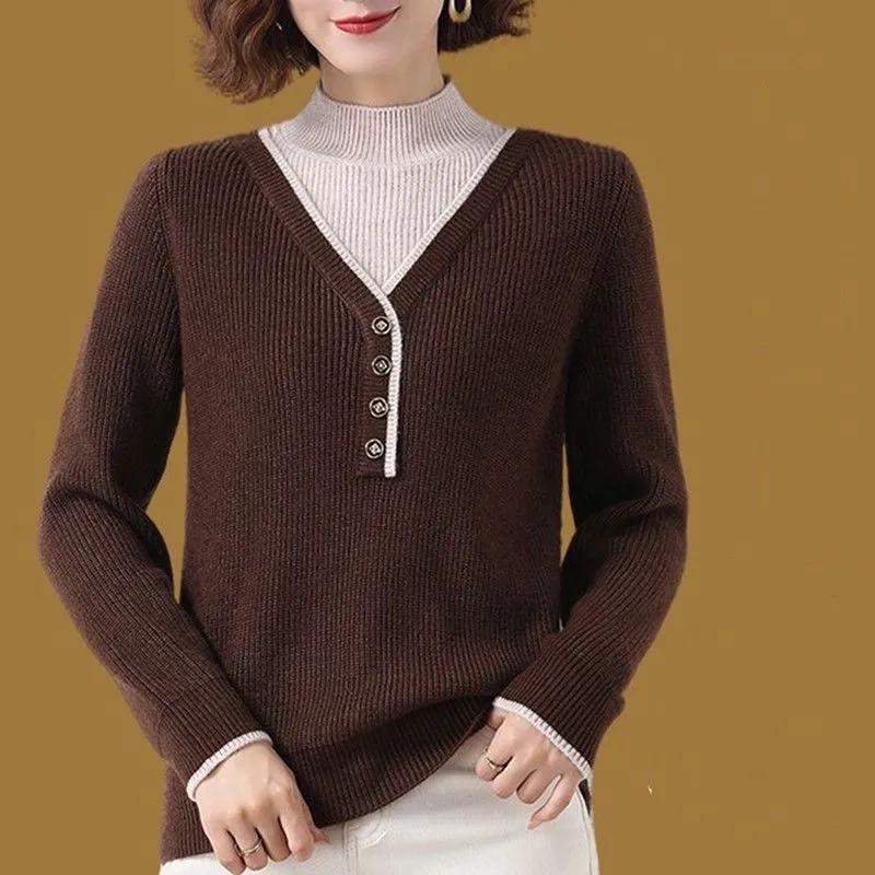 Autumn and Winter Half Turtleneck Sweater Women's Loose Fashion Fake Two-piece Thick Knitted Bottoming Shirt