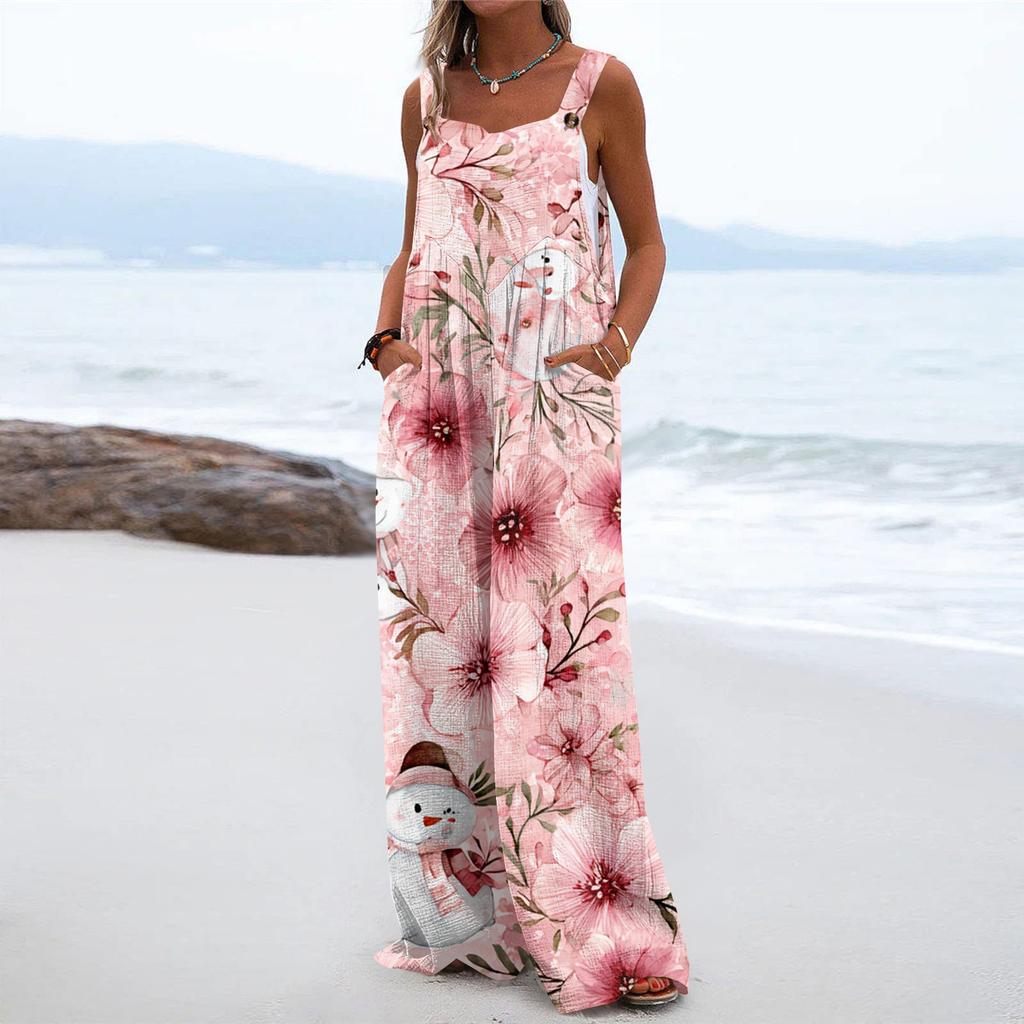 Women's Christmas Print Solid Wide Leg Strapless Tank Pocket Casual Onesie