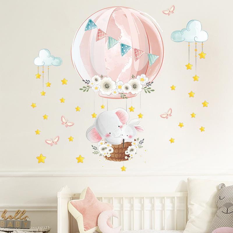 Cartoon Elephant Bunny Hot Air Balloon Wall Stickers, Removable Nursery Kids Room Entrance Wall Decor