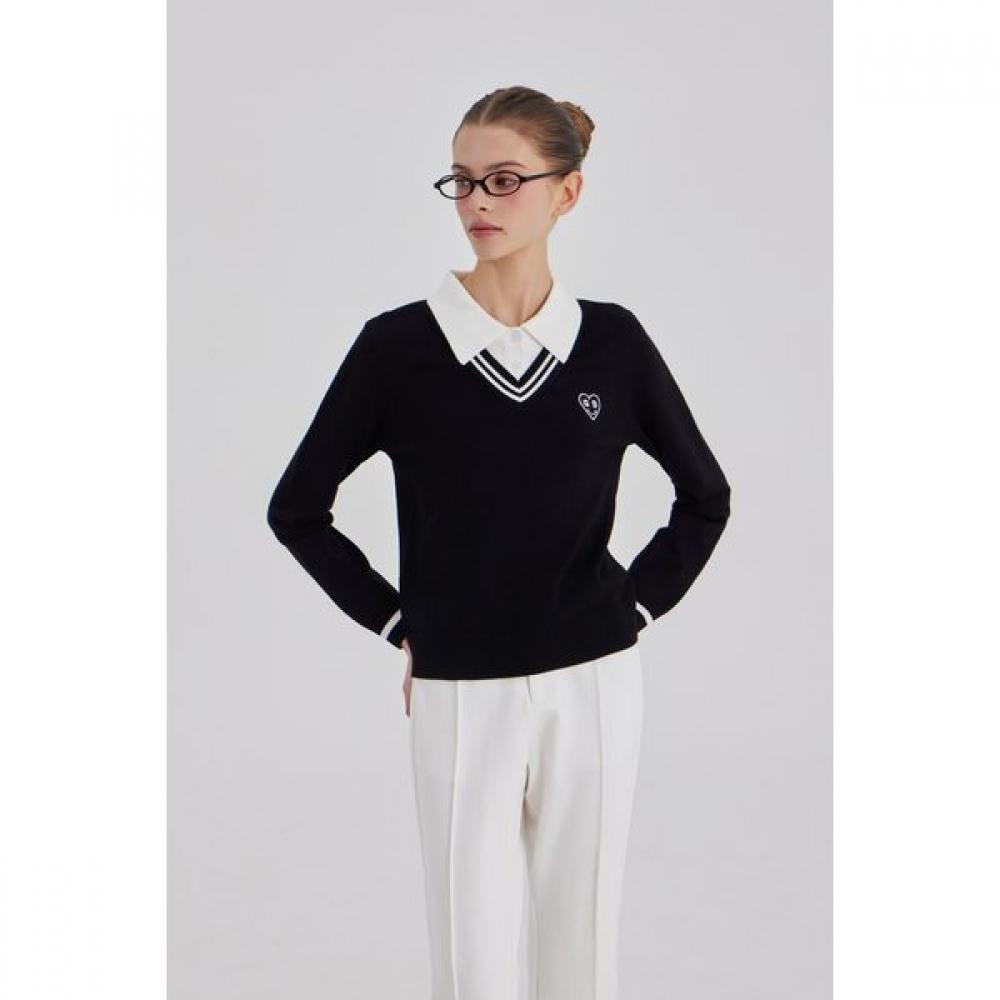 GOXO Black Knit V Neck Color Smile Heart