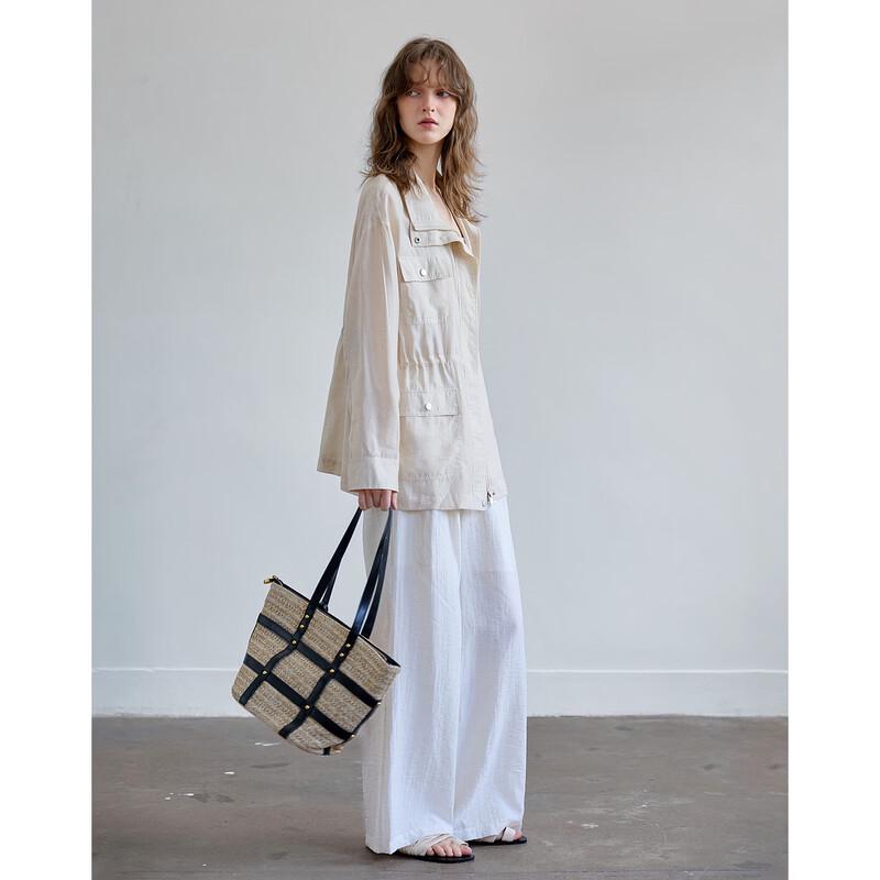 Demana Linen Blend Stand Collar Drawstring Waist Jacket