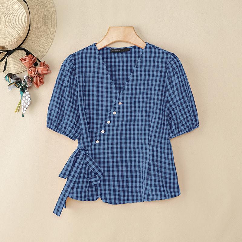 

ZANZEA Women Summer V-Neck Short Sleeve Casual Grid Print Blouse 5XL