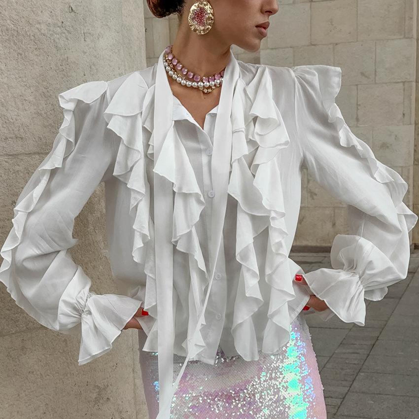 Fashion and casual niche design sense ruffle edge streamer collar loose and thin versatile commuter long-sleeved shirt