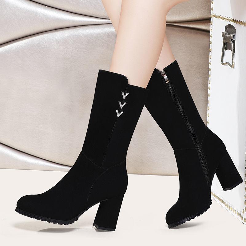 Black Pointed Toe Elegant Heeled Rhinestone Ladies Mid Calf Shoes Autumn Winter Fleece-Lined Comfortable Women's Half High Boots