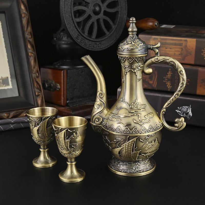 Vintage Copper Wine Flask Set With Shot Glasses Tray Retro European Style Home Bar Decor