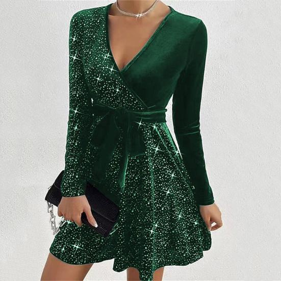 Fall Spring Women Dress V Neck Lace-up Tight Waist Sequin Decor A-line Big Hem Long Sleeves Prom Party Mini Dress