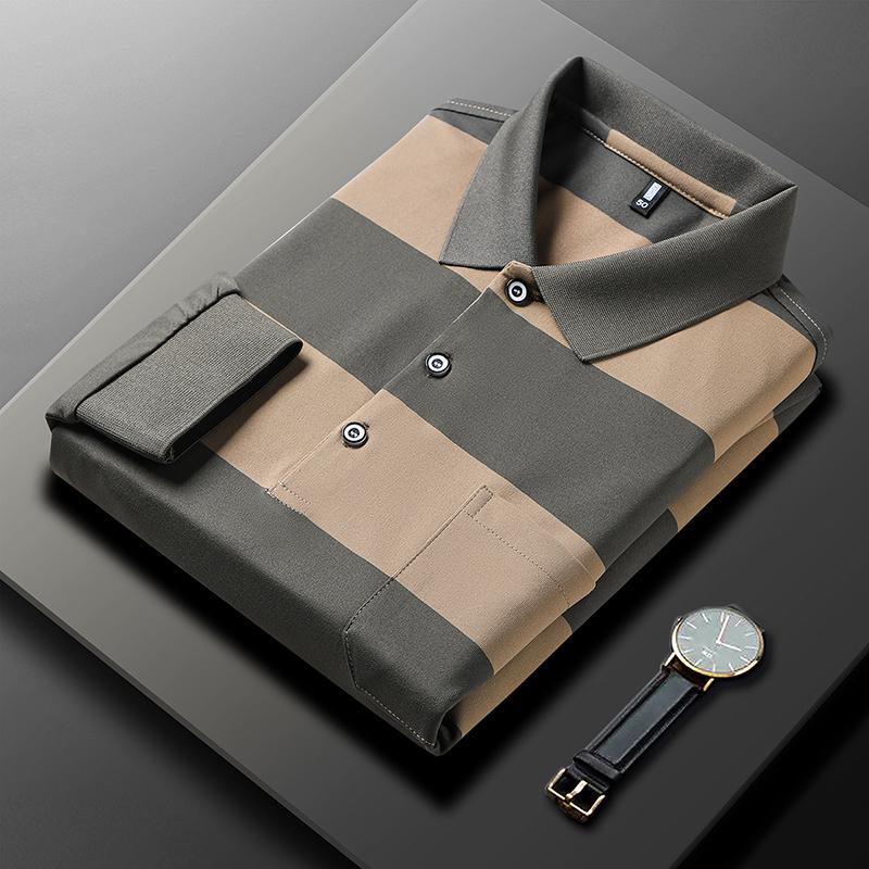 Men's Polo Shirt Lapel Long Sleeve T-Shirt Autumn Contrast Color Striped Pocket Fashion Business Menswear