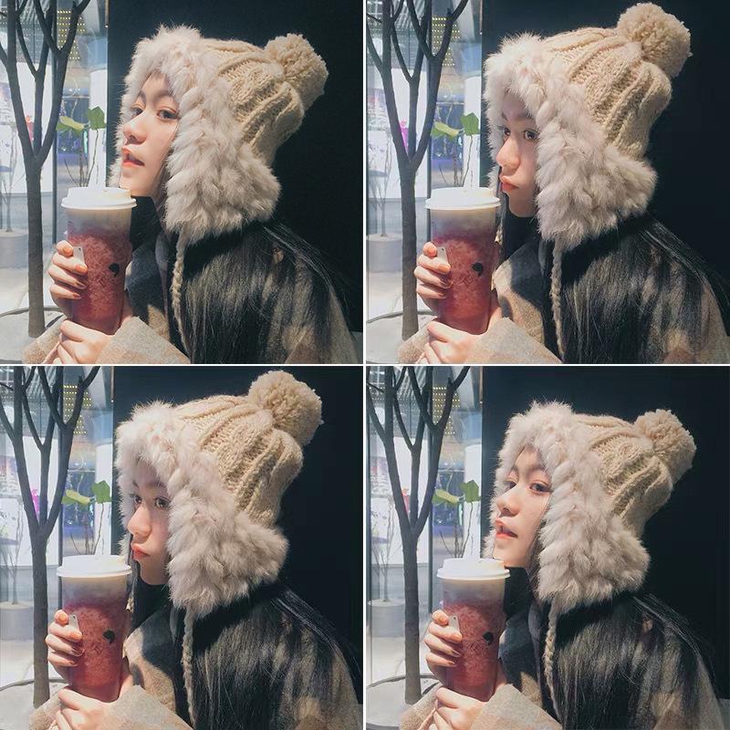 Women's Korean Style Cute Pom-Pom Earflap Hat - Autumn/Winter Warm Woolen Rabbit Fur Knit