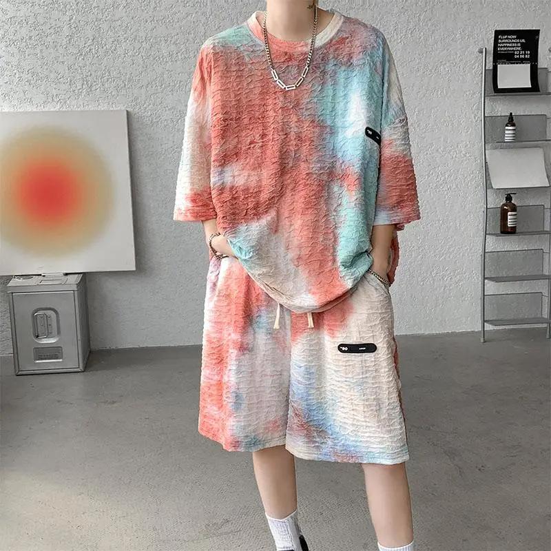 Anzug Herren Sommer Batik Kurzarm T-Shirt Shorts Zweiteiler Freizeit Sportbekleidung