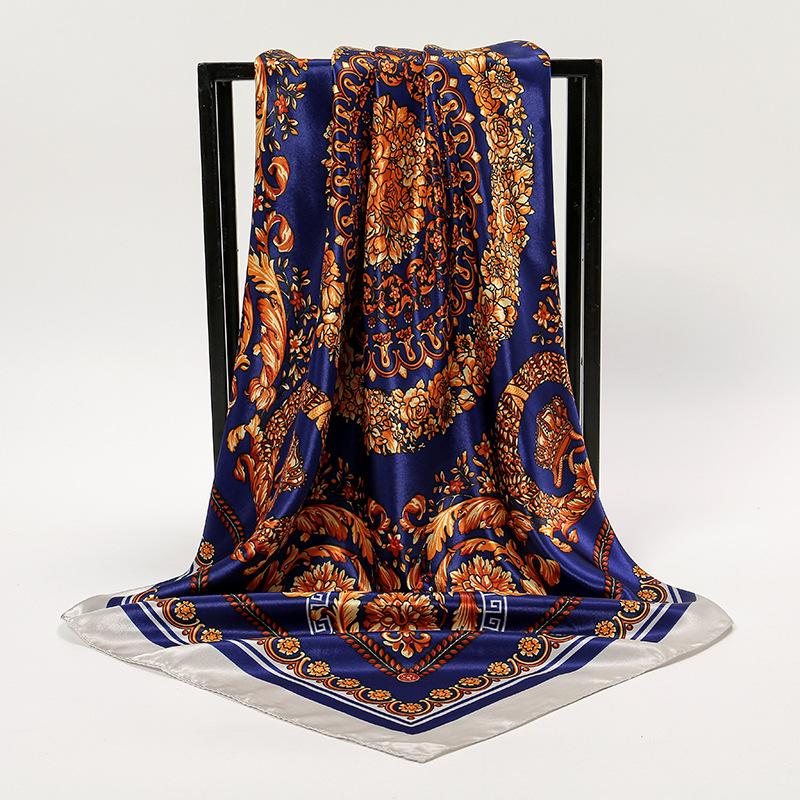 

Fashion Silk Square Scarf For Women Hair Band Soft Neckerchief Vintage Hijab Flower Print Headscarf Female Pashmina Bandana 90x90cm