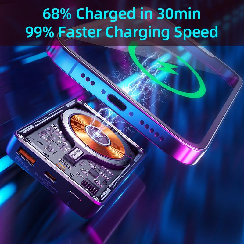 Magsafe Power Bank Portable Battery For Mobile 15w Magnetic Wireless Transparent Led Display 22.5w Wired Fast Charge