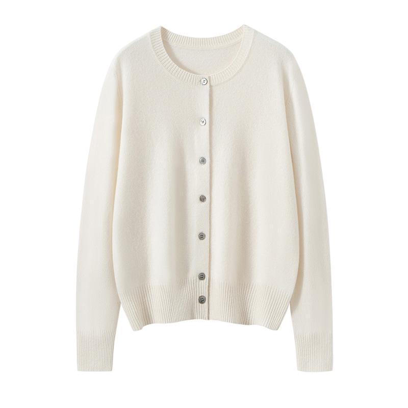 Women's 100% Pure Cashmere Loose Round Neck Cardigan - Autumn/Winter Fashion Solid Color Knit Sweater.