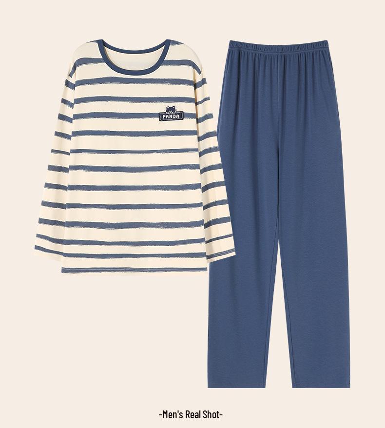 Spring Couple's Striped Pajama Set: Women's Pure Cotton Long Sleeve & Men's Loose Fit Homewear