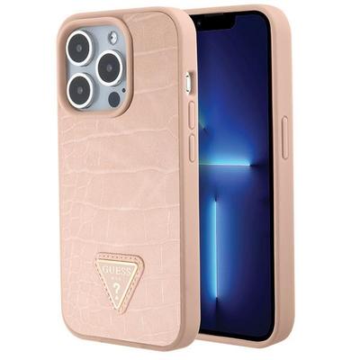 Hülle für iPhone 15 Pro Max Guess Croco Dreieck Metall-Logo Rosa