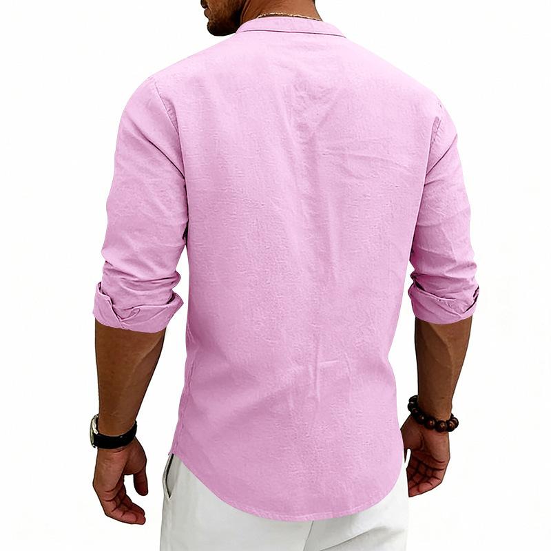 Linen T-Shirt Men Henley Neck Pocket Casual Beach Long Sleeve Solid Color Male Tops Vintage Streetwear TShirts