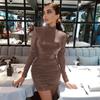 New Autumn and Winter PU Leather Fashion Sexy Dress Women Slim Fit Shoulder Pad Pleated Black Dresses Women Long Sleeve Casual Lady Party Dress 25842