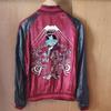 Used Souvenir Jacket, Geisha, Mt. Fuji, Embroidery, Reversible, Red, Black, 100% Rayon, SCRIPT