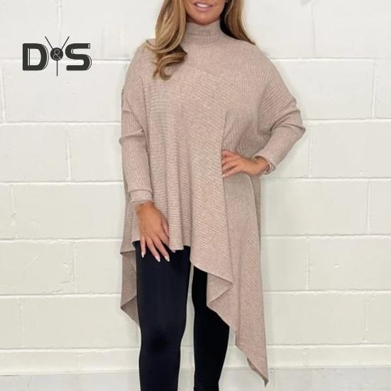 Women Tops High Collar Long Sleeve Solid Color Irregular Hem Pullover Tops Loose Fit Ribbed Tee Tops Daily Wear