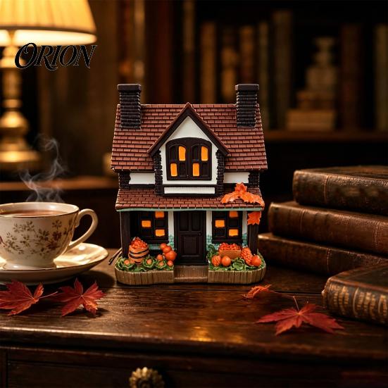 Autumn Leaves Lighted House Ornament Vintage Light-Up Pumpkins Cottage, Halloween Manor Figurine, Decor Indoor, Bookshelf Fall Spooky Table