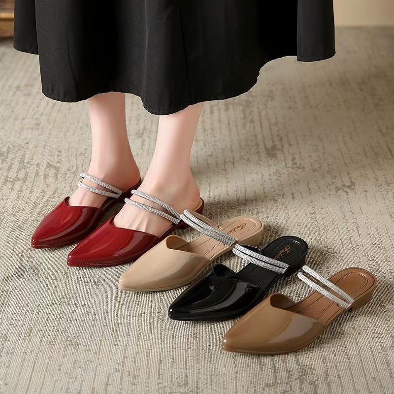 Women's Summer Baotou Flat Sole Half Slippers Soft Sole Waterproof Dual Purpose Outdoor Slip On Slippers Pointed Toe Sandals