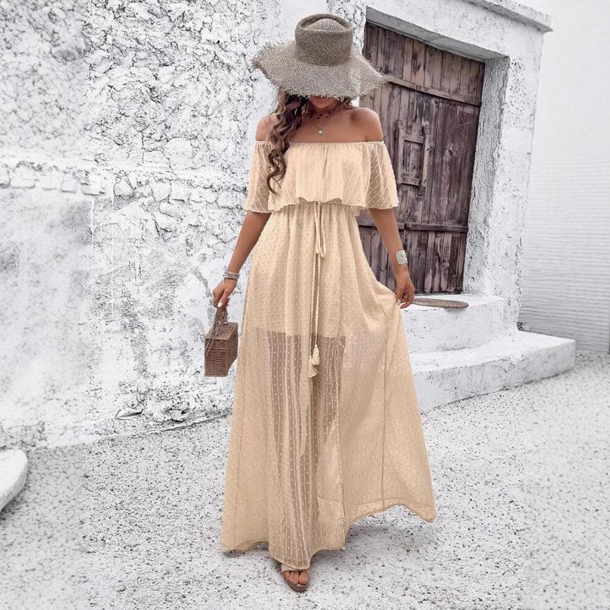 

Women s Off-Shoulder Midi Dress with Drawstring Waist, Flowy Beach Dress, Boho Summer Dress S абрикосовий
