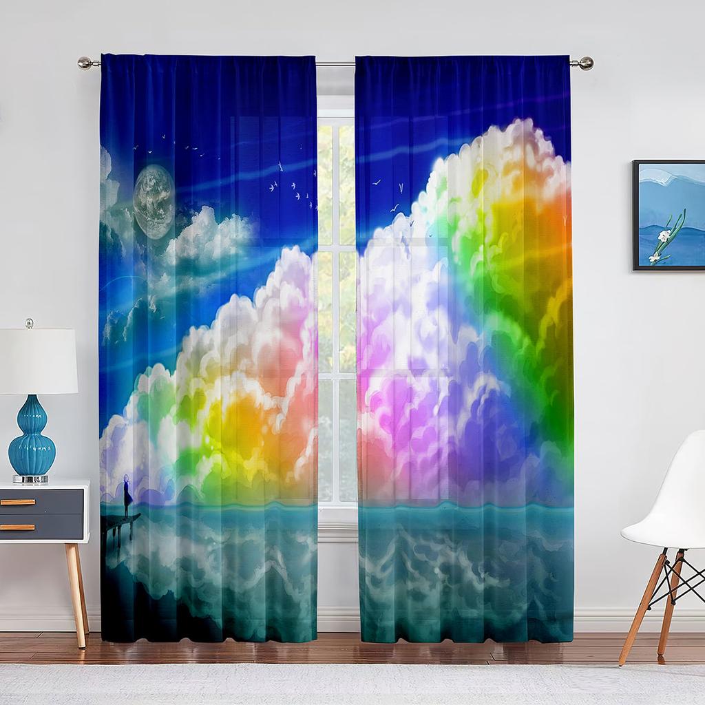 Fantasy Clouds Pink Purple Blue Tulle Curtains for Living Room Decorations Chiffon Sheer Voile Kitchen Bedroom Curtain Drapes