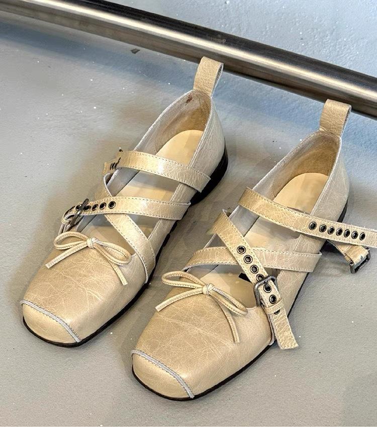 Cowhide Version~ Retro Bow Belt Buckle Ballet Shoes for Women's New Korean Version Pig Nose Mary Jane Single Shoes for Women