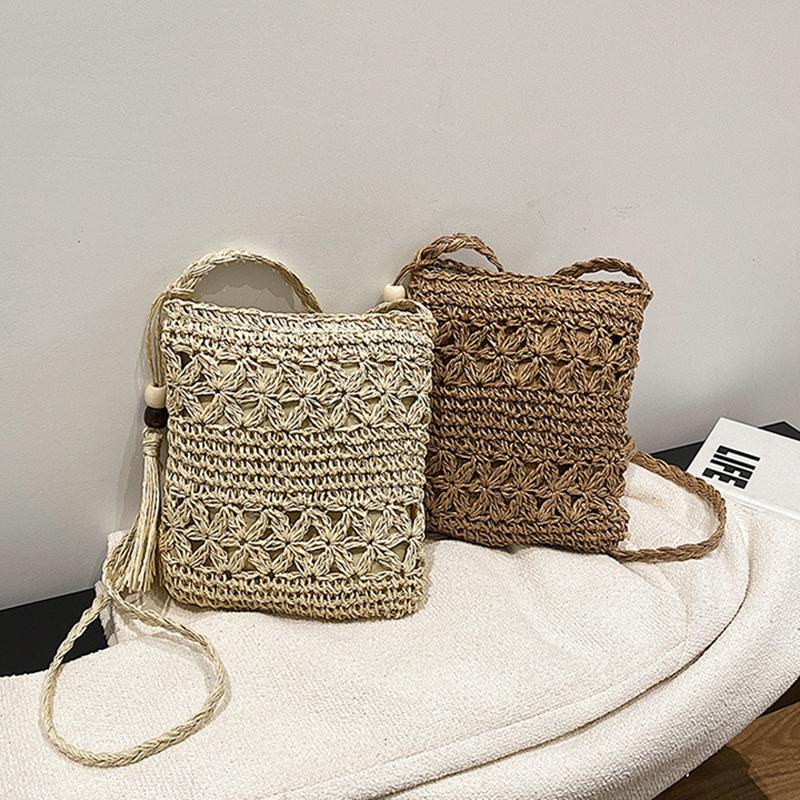 Poșetă pentru femei, cu umăr țesut din paie, pentru plajă, cu ciucuri, boho, cu croșetat, poșetă de mână, poșetă