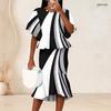 Women Plus Size Two Piece Set Round Neck Batwing Sleeve Black White Printed Ruffle Hem Top Fishtail Skirt