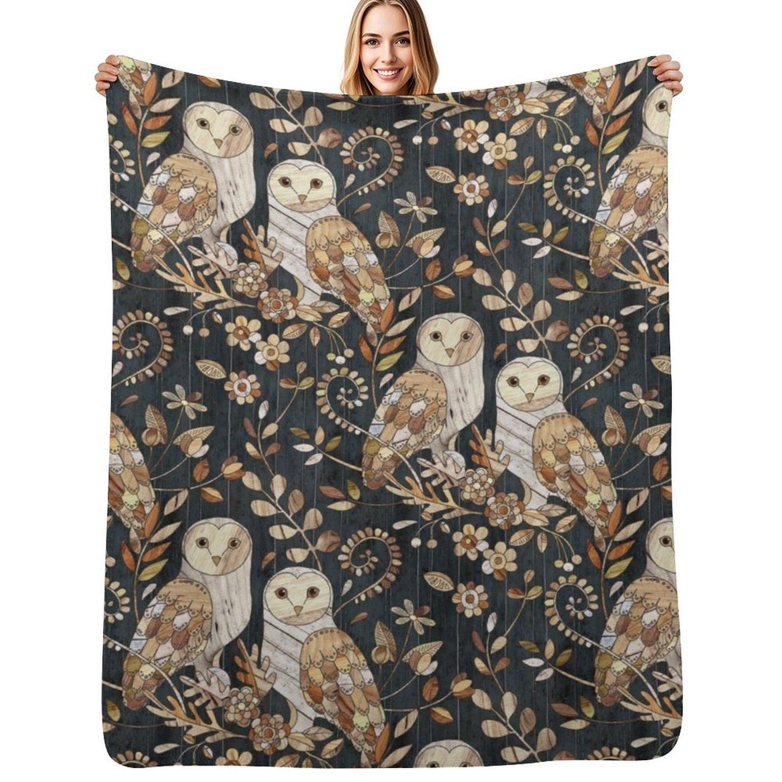 Wooden Wonderland Barn Owl Collage Throw Blanket Cozy Napping Blanket Gift for Mom Dad Size: 75*100cm, Weight: 230 GSM